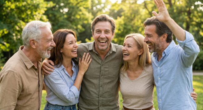 コツコツドカンを解決した人たちが集まって肩を抱き合いながら喜んでいる様子