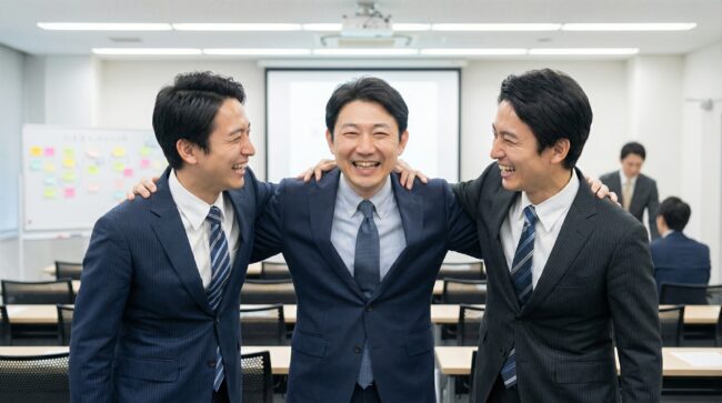 この方法を実践し始めて儲かり始めた人たちと肩を組んで喜ぶ遠藤さん